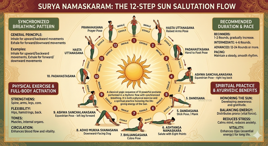 Surya Namaskaram – 12 Steps, Breathing, Duration & Ayurvedic Benefits