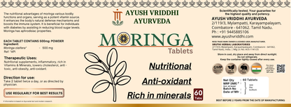 Moringa Tablets – Ayurvedic Nutritional, Antioxidant & Mineral-Rich 500mg (60 Tablets)
