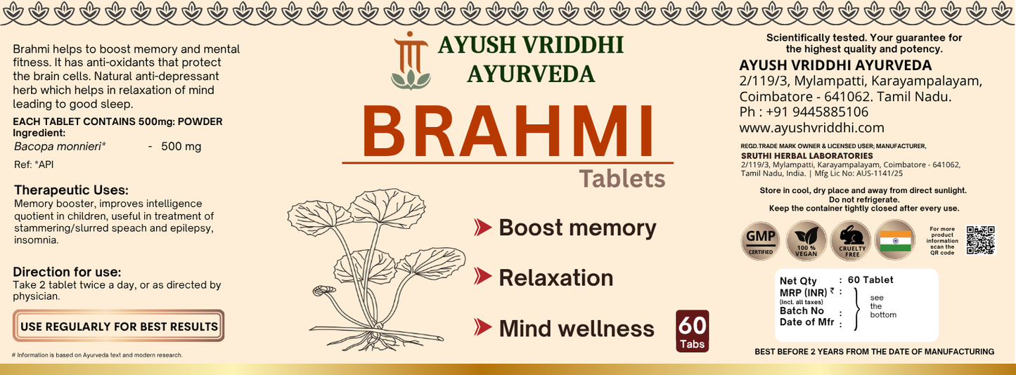 Brahmi Tablets – Ayurvedic Memory Booster & Mind Wellness 500mg (60 Tablets)