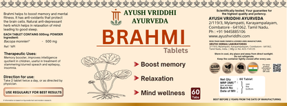 Brahmi Tablets – Ayurvedic Memory Booster & Mind Wellness 500mg (60 Tablets)